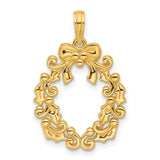 14k Yellow Gold Christmas Wreath Pendant with Holly Leaves and Bow, Holiday Charm