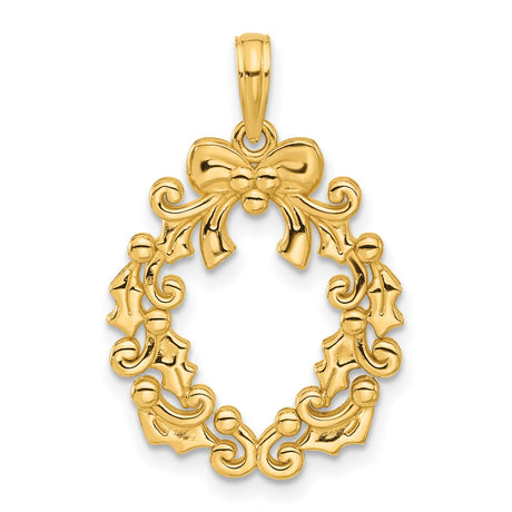 14k Yellow Gold Christmas Wreath Pendant with Holly Leaves and Bow, Holiday Charm