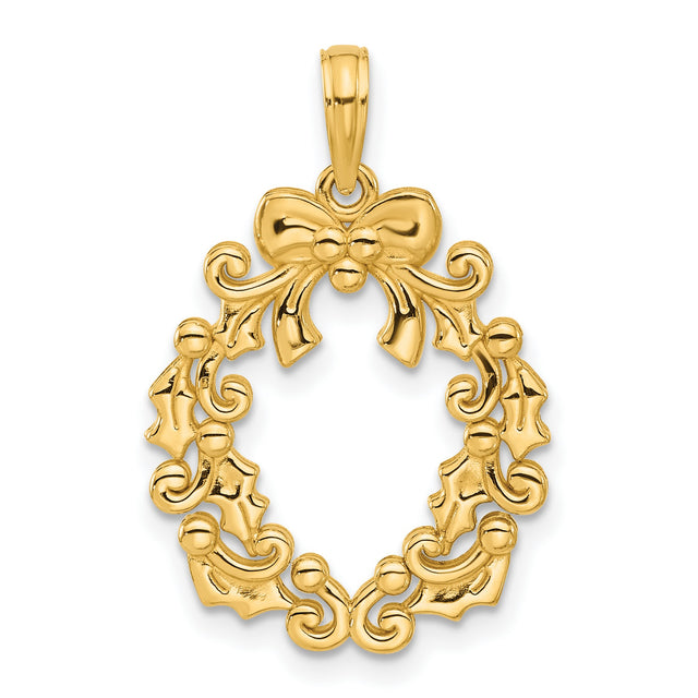 14k Yellow Gold Christmas Wreath Pendant with Holly Leaves and Bow, Holiday Charm