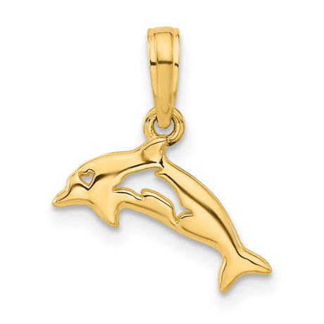 14k Yellow Gold Dolphin Pendant with Heart Cutout, Ocean-Inspired Nautical Charm