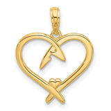 14k Yellow Gold Heart Pendant with Open Heart and Ribbon Design