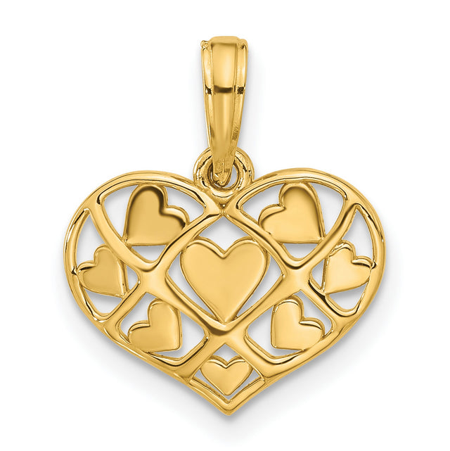 14k Yellow Gold Heart Pendant with Open Lattice Design and Multiple Heart Motifs