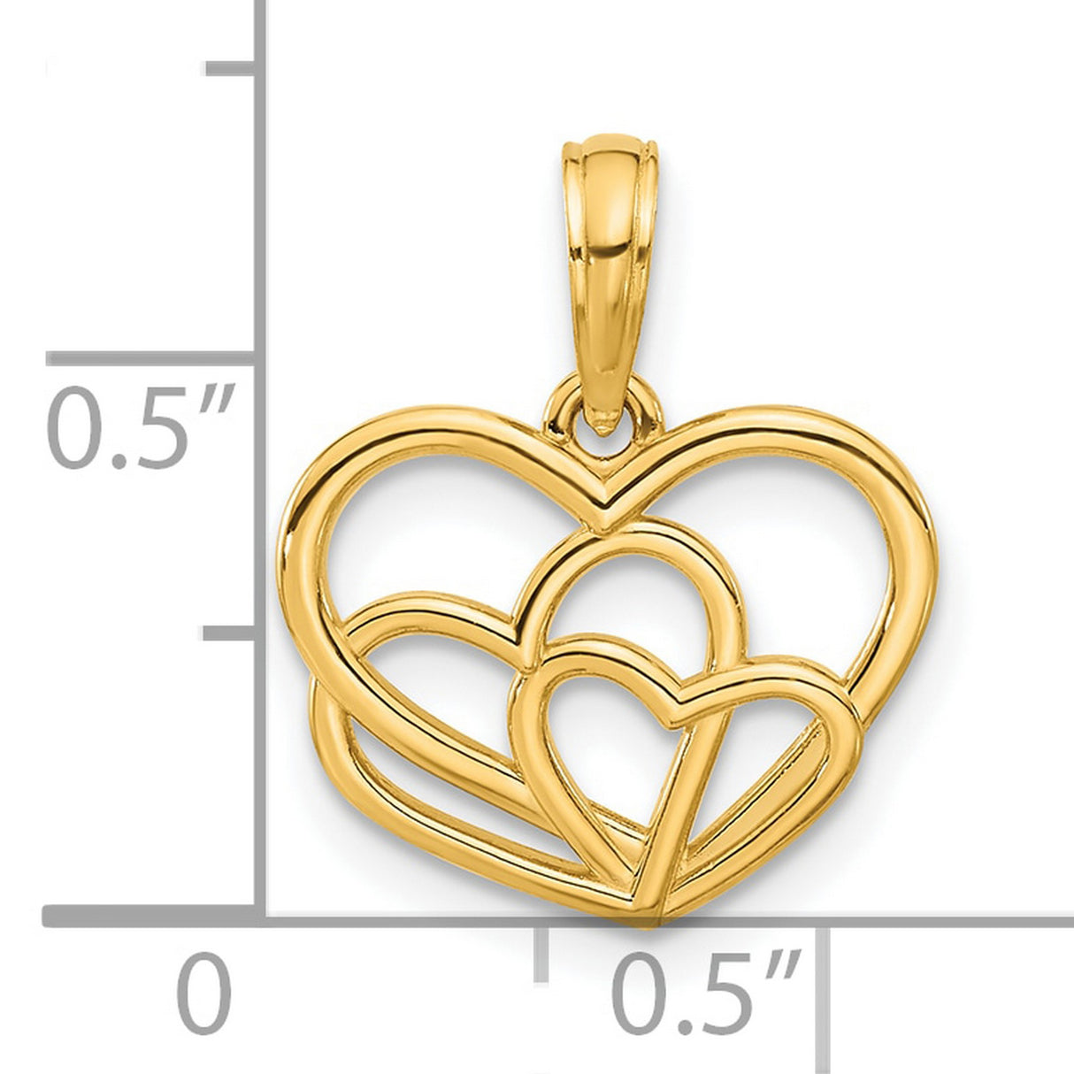 Polished Triple Heart Charm Pendant in Real 14k Yellow Gold