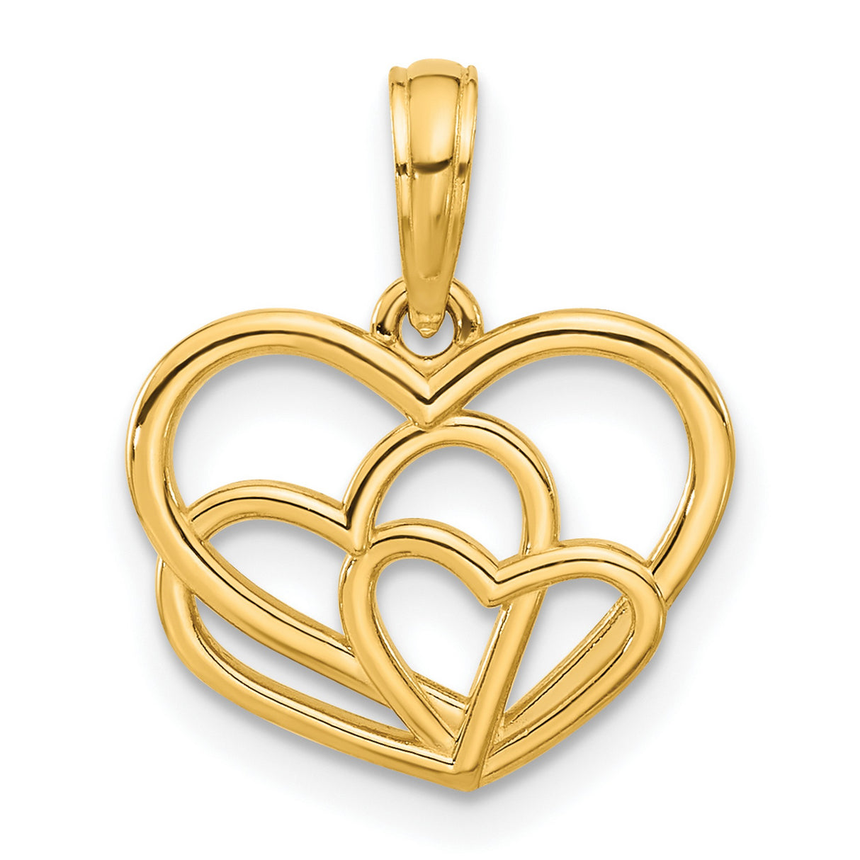 Polished Triple Heart Charm Pendant in Real 14k Yellow Gold