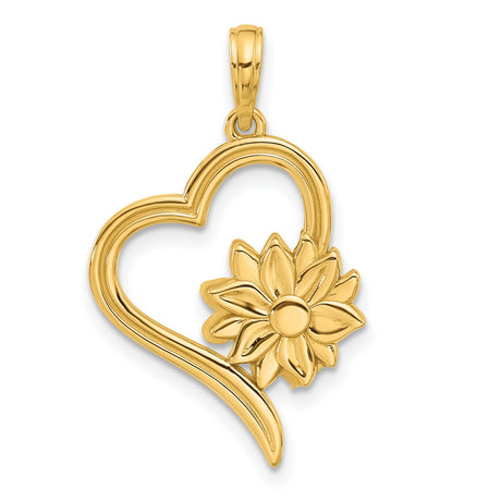 Fancy Heart and Flower Charm Pendant in Real 14k Yellow Gold