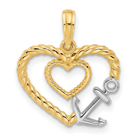 14k Multi-Tone Gold Anchor Pendant with Twisted Rope Heart and Rhodium Accents