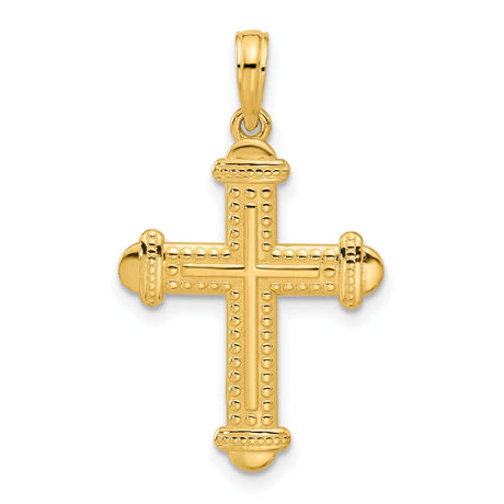 14k Yellow Gold Cross Pendant with Beaded Pattern and Textured Finish