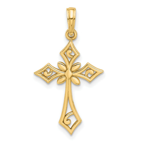 14k Yellow Gold Cross Pendant with Ornate Scrollwork Design, Vintage Floral Religious Charm
