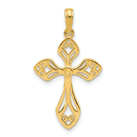 14k Yellow Gold Cross Pendant with Filigree Openwork Design and Curved Arms