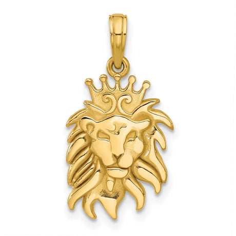 Polished Lion Head with Crown Charm Pendant in Real 14k Yellow Gold