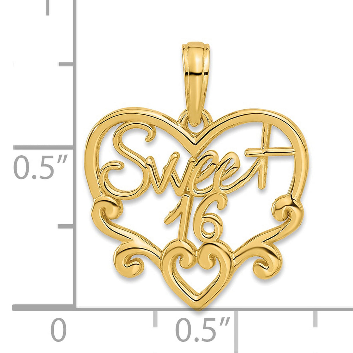 14k Yellow Gold Heart Pendant with Sweet 16 Script, Filigree Charm for Teen Girl