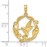 14k Yellow Gold Hummingbird Pendant with Floral Scrollwork and Bird in Flight Motif