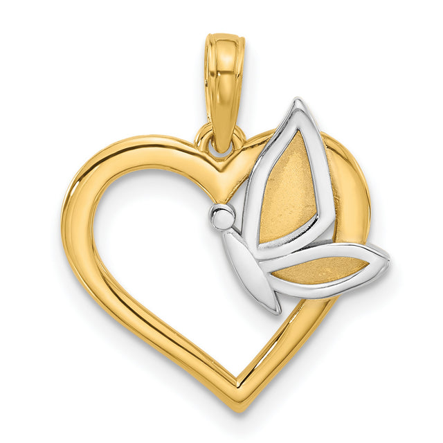 14k Yellow Gold Two-Tone Butterfly Heart Pendant for Women, Open Heart Charm