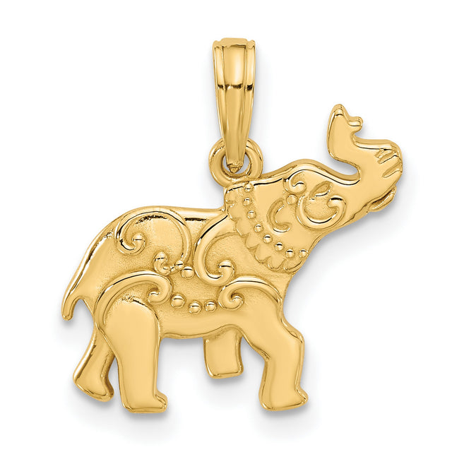 14k Yellow Gold Elephant Pendant with Scroll Detailing, Symbolic Unisex Charm