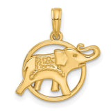 14k Yellow Gold Elephant Pendant with Decorative Detailing in Circular Frame, Asian Inspired Jewelry