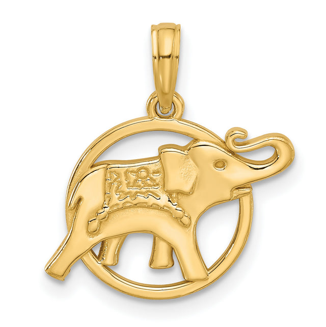 14k Yellow Gold Elephant Pendant with Decorative Detailing in Circular Frame, Asian Inspired Jewelry