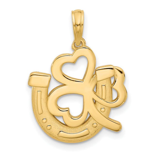 Polished and Satin Horseshoe and Clover Charm Pendant in Real 14k Yellow Gold