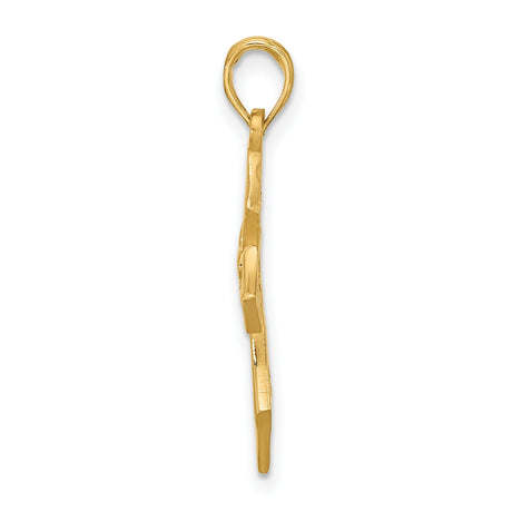 14k Yellow Gold Cross Pendant with Fleur de Lis and Polished Filigree Design