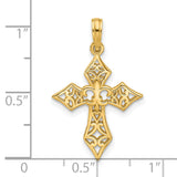 14k Yellow Gold Cross Pendant with Fleur de Lis and Polished Filigree Design