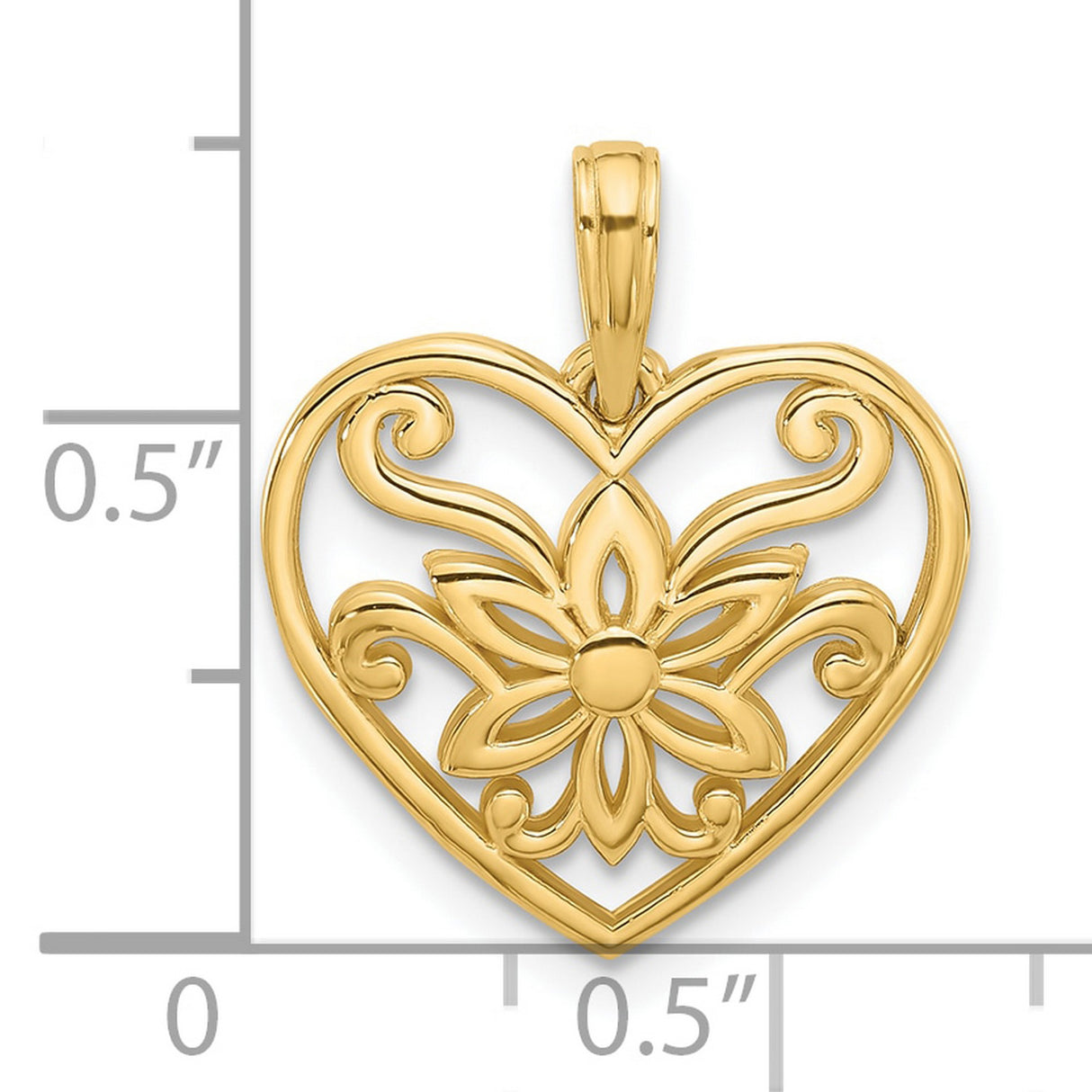 14k Yellow Gold Heart Pendant with Openwork Floral Design and Scroll Accents
