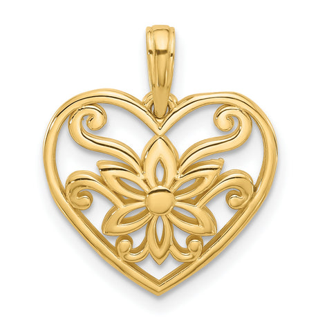 14k Yellow Gold Heart Pendant with Openwork Floral Design and Scroll Accents