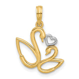 14k Multi-Tone Gold Swan Pendant with Heart-Shaped Two-Swan Design and Rhodium Accents