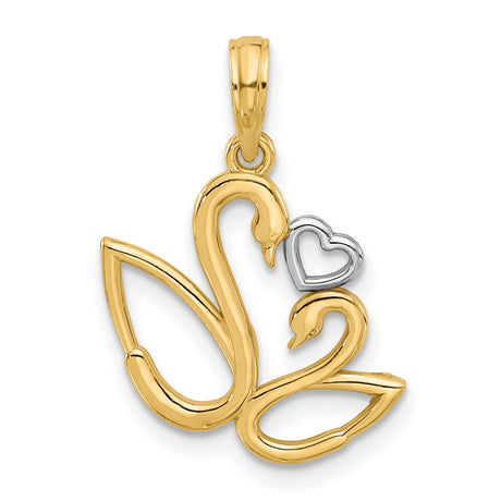 14k Multi-Tone Gold Swan Pendant with Heart-Shaped Two-Swan Design and Rhodium Accents