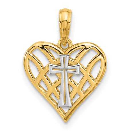 14k Multi-Tone Gold Cross Pendant with Silver Center Heart, Religious Jewelry for Men and Women
