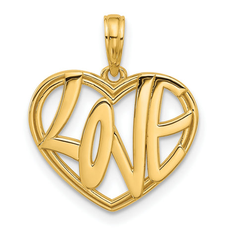 14k Yellow Gold Heart Pendant with Bold LOVE Script, Romantic Sentimental Jewelry for Women