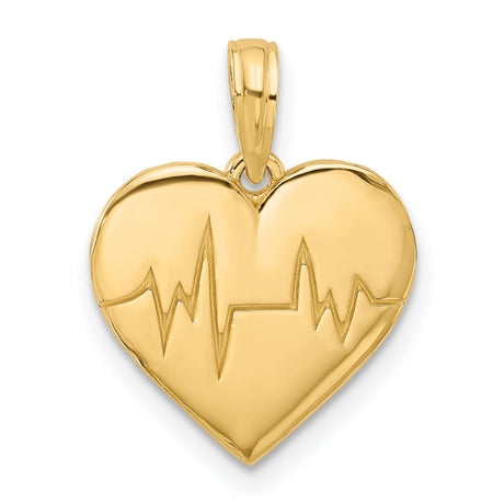 14k Yellow Gold Heartbeat Pendant with Pulse Line and Polished Heart Design