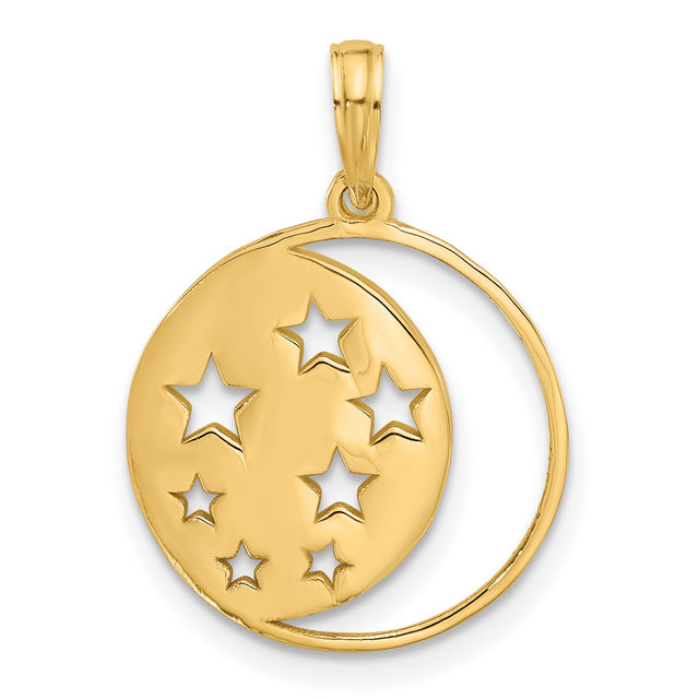 14k Yellow Gold Pendant, Crescent Moon and Star Cutout, Celestial Spiritual Jewelry