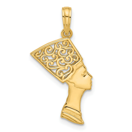 14k Yellow Gold Nefertiti Pendant with Filigree Crown Design, Egyptian Heritage Charm for Women
