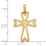 14k Yellow Gold Cross Pendant with Open Heart Design, Polished Religious Jewelry for Men and Women
