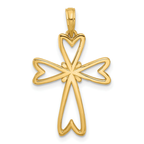 14k Yellow Gold Cross Pendant with Open Heart Design, Polished Religious Jewelry for Men and Women