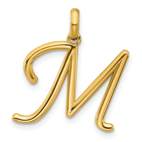 14k Yellow Gold Script Letter M Pendant, Polished Cursive Initial Charm for Women