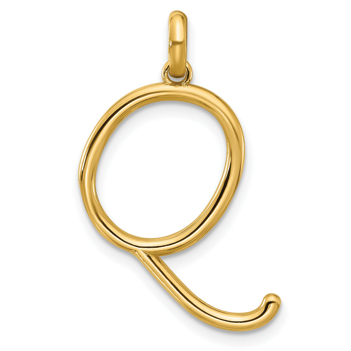 14k Yellow Gold Script Letter Q Pendant, Polished Initial Charm, Minimalist Monogram Jewelry