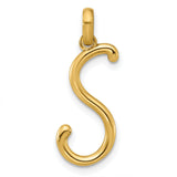 14k Yellow Gold Letter S Pendant, Polished Script Initial Charm for Women or Unisex Wear