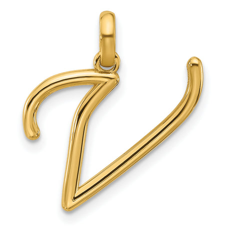 14k Yellow Gold Letter V Pendant, Polished Script Initial Charm, Dainty Monogram Jewelry