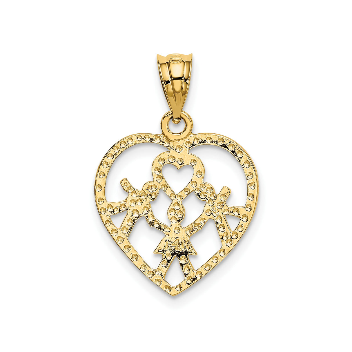 14k Yellow Gold Heart Pendant with Mother and Two Figures, Family Unity Charm