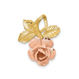 14k Two-Tone Gold Rose Flower Pendant with Textured Leaves and Detailed Floral Design