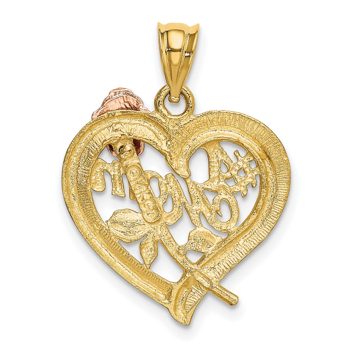 #1 Mom Words With Rose Flower Open Heart Charm Pendant in Real 14k Multi-Tone Gold