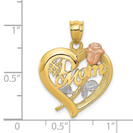14k Two-Tone Gold Heart Pendant with #1 Mom Message, Rose and Leaf Design for Women