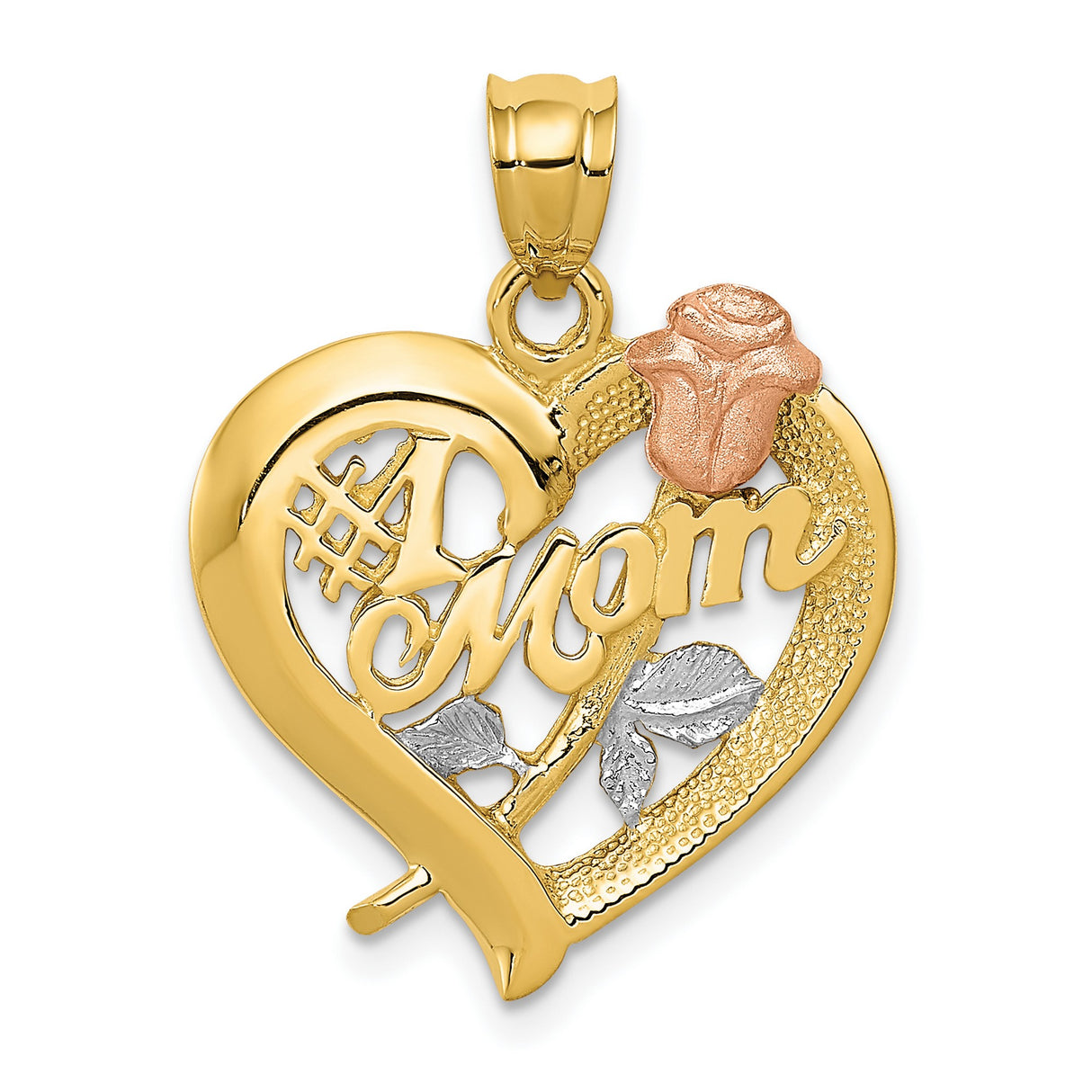 #1 Mom Words With Rose Flower Open Heart Charm Pendant in Real 14k Multi-Tone Gold