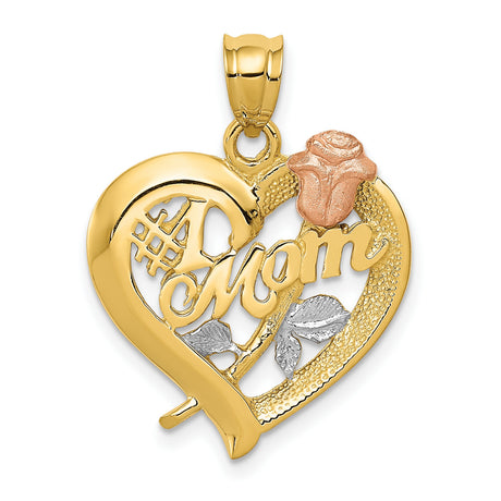 #1 Mom Words With Rose Flower Open Heart Charm Pendant in Real 14k Multi-Tone Gold