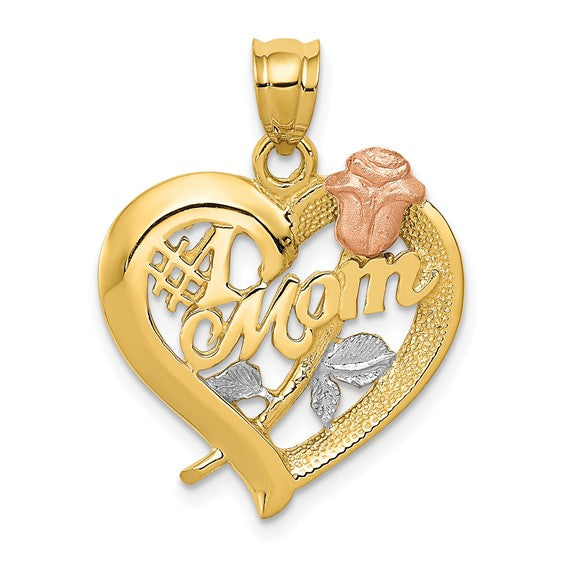 14k Two-Tone Gold Heart Pendant with #1 Mom Message, Rose and Leaf Design for Women