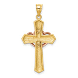 Passion Cross With Double Rose Gold Hearts Charm Pendant in Real 14k Multi-Tone Gold