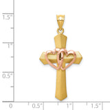 Passion Cross With Double Rose Gold Hearts Charm Pendant in Real 14k Multi-Tone Gold