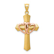 Passion Cross With Double Rose Gold Hearts Charm Pendant in Real 14k Multi-Tone Gold