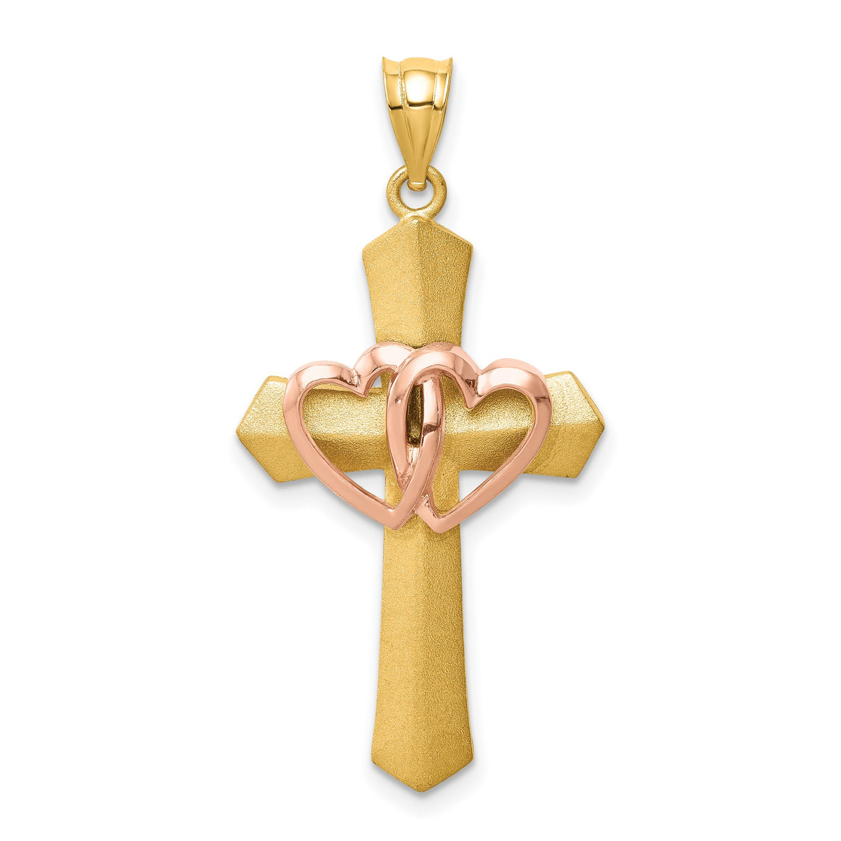 Passion Cross With Double Rose Gold Hearts Charm Pendant in Real 14k Multi-Tone Gold