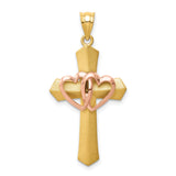 Passion Cross With Double Rose Gold Hearts Charm Pendant in Real 14k Multi-Tone Gold